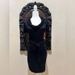 Cowl Neck Slinky Jersey Knit Dress With Button-Tab Sleeves - Size: L